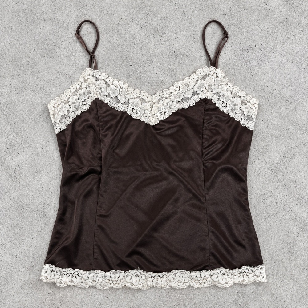 Worthington Satin Lace Trim Brown Cami Top Y2K Style Coquette Fairy Grunge S P